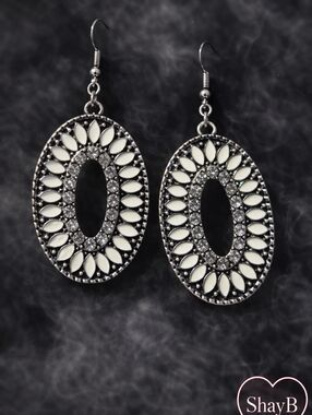 White and Silver Oval Drop Earrings